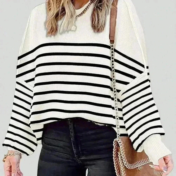White Casual Women's Crew Neck Long Sleeve Striped Design Pullover Sweater - Picture 1 of 3